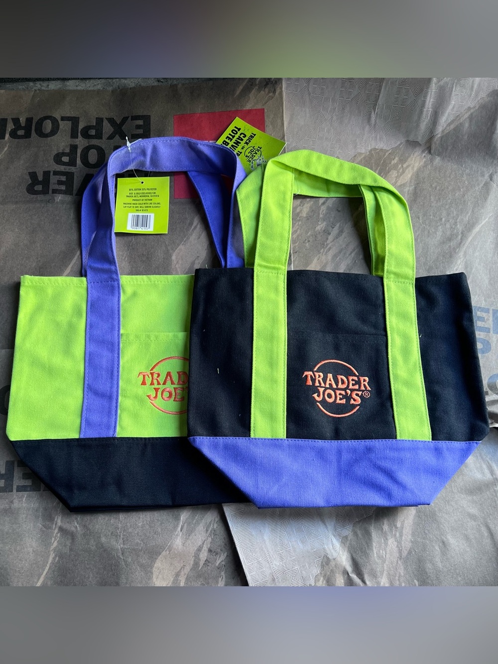 Trader Joe's Two-Tone Black, Lime and Purple Canvas Tote Bag